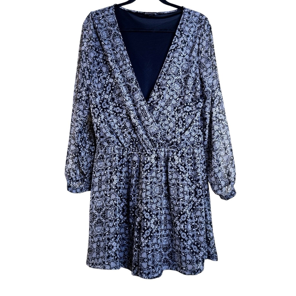 Express Black White Paisley Chiffon Long Sleeve Romper V-Neck Large Whimsigoth